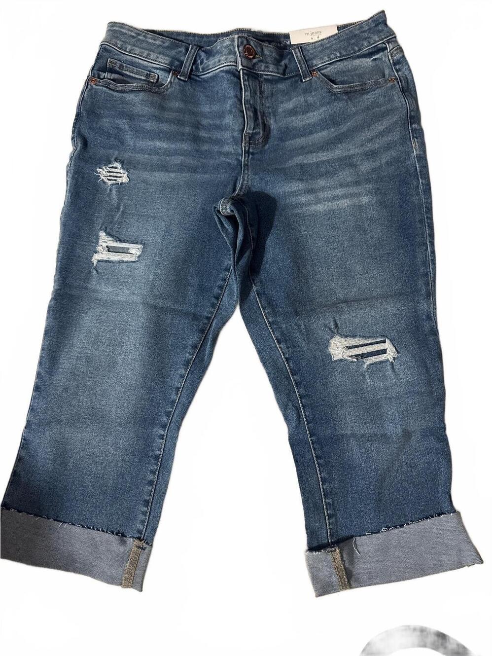 Women's Cool Comfort Capri Jeans Size 14 Mid Rise Distressed Denim